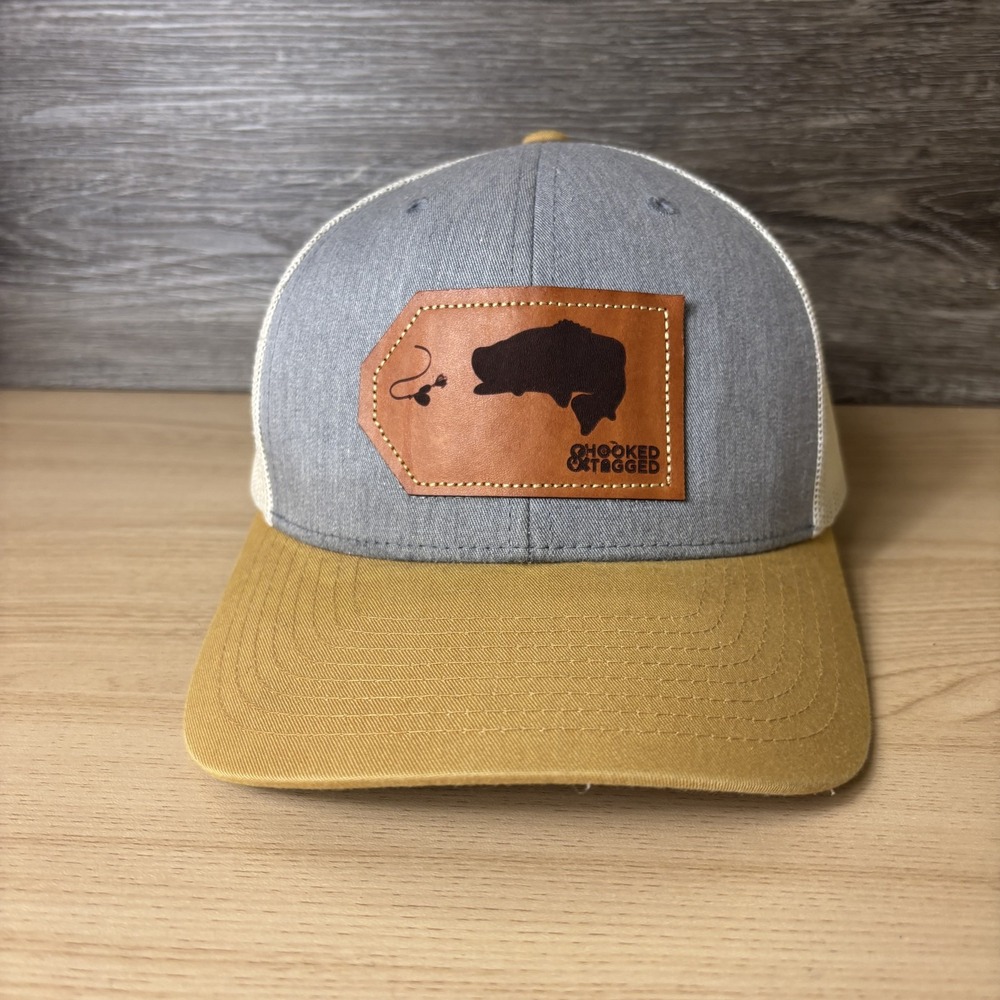 Hooked & Tagged Hat Cap Snap Back Gray Yellow Mesh Trucker Patch Fishing Mens